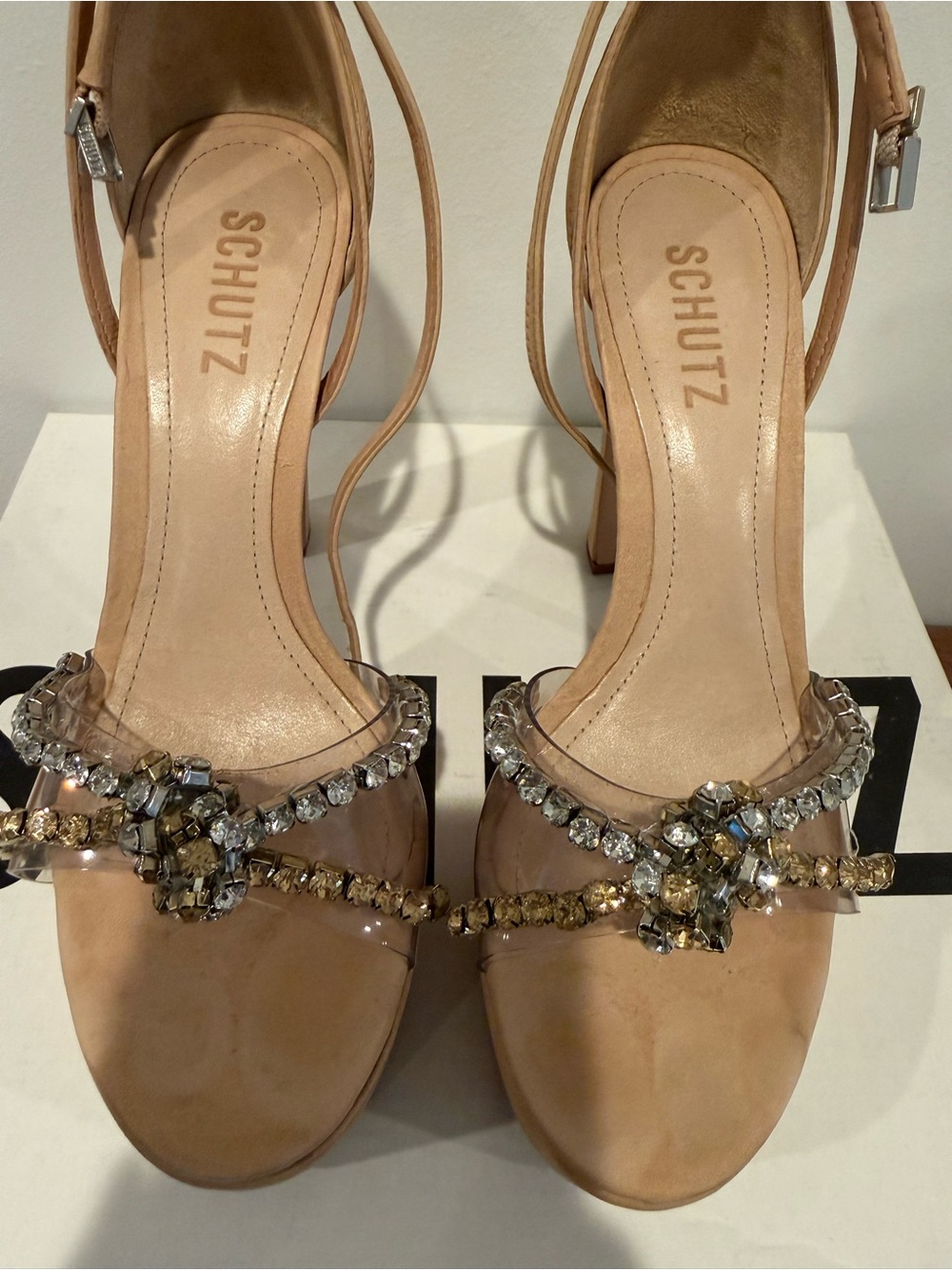 SCHUTZ Nude Crystal-Strap Open-Toe Heels